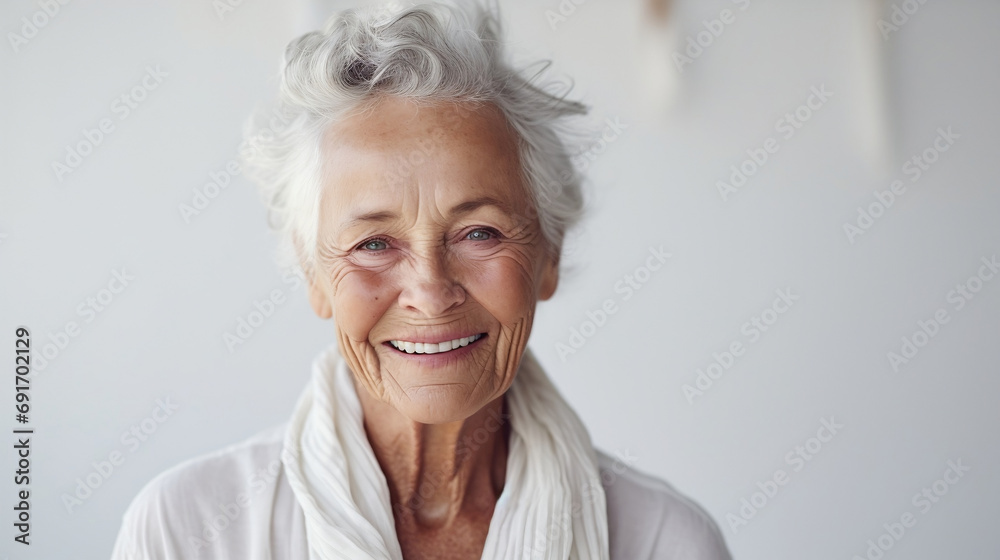 Portrait of a happy elderly senior woman looking at the camera on a white bright blurred studio background - obrazy, fototapety, plakaty 