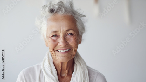 Portrait of a happy elderly senior woman looking at the camera on a white bright blurred studio background
