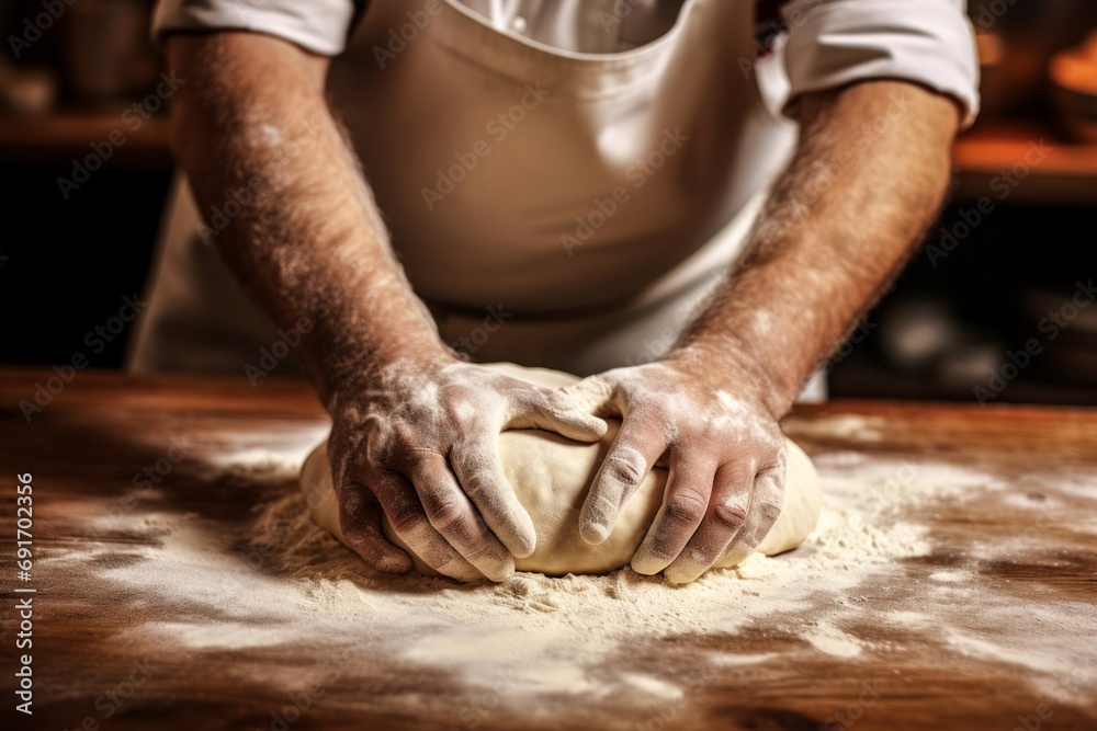 Baker Kneading Dough in Kitchen