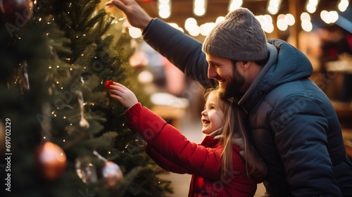Heartwarming Moments as Father and Daughter Decorate Christmas Tree. Generative ai