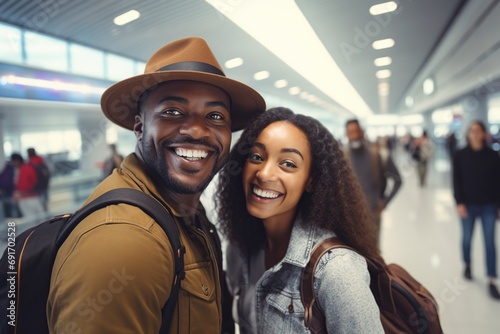 couple of black tourists take photos at the airport upon arrival © Jorge Ferreiro