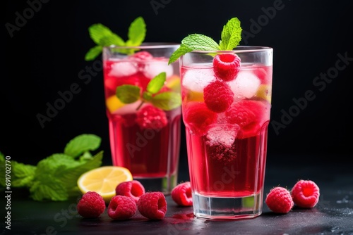 Raspberry lemonade in glasses with fresh raspberries and mint leaves on dark background