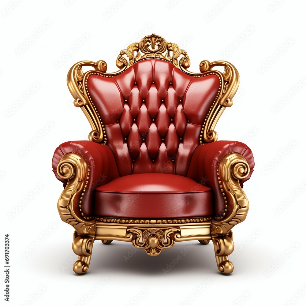 Regal Red Velvet Armchair with Golden Accents Isolated on White. Generative ai Regal Red Velvet Armchair with Golden Accents Isolated on White. Generative ai