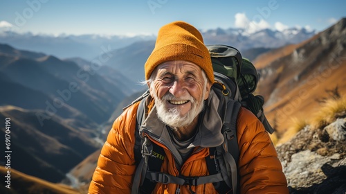 Elderly man hiking in the mountains. Concept of challenging stereotypes and healthy lifestyle.