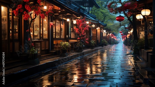 Serene Night Scene on a Rainy Traditional Street