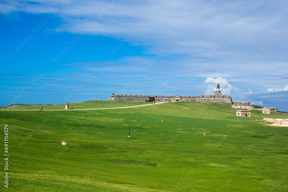 Background of beautiful meadow in Old San Juan, Puerto Rico. This area in front of Castillo San Felipe Del Morro or El Morro is set for public. A significant political, iconic, historic location