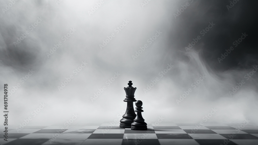 Fototapeta premium chess, the concept of strategic management, leadership, business team, decision-making, a group of chess-like figures in a fog of uncertainty, fictional figures
