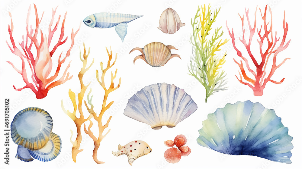 watercolor illustration collection underwater world of fish and corals isolated on a white background - obrazy, fototapety, plakaty 