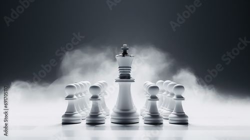 chess, the concept of strategic management, leadership, business team, decision-making, a group of chess-like figures in a fog of uncertainty, fictional figures