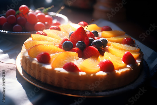Primer plano de una deliciosa tarta de queso con frutas frescas y bayas