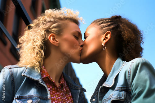 Dos jóvenes mujeres besándose en la calle. Llevan chaquetas vaqueras. photo