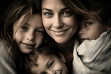A close-up portrait of a smiling mother with two children snuggled up to her, exuding warmth, love, and family connection.