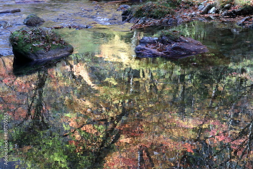 逆さ紅葉を眺める 小田深山渓谷 (愛媛県）