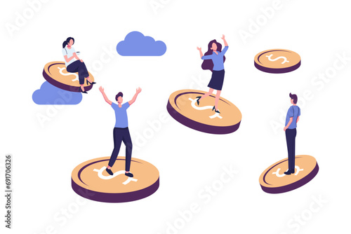 people are flying astride money on the way to the goal and success flat vector illustration