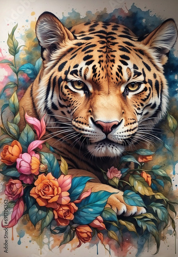 Jaguar, wild animal, realistic painting on canvas