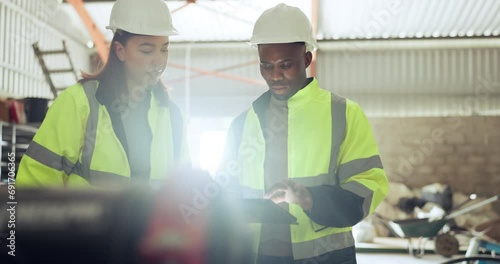 Teamwork, tablet and engineer people in a warehouse for planning or discussion. Diversity, communication and a construction worker team together in a plant or factory for professional manufacturing photo