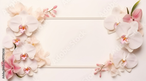 Rectangular frame with white orchid flowers, pastel colors photo