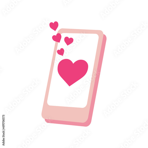 Mobile phone with heart on screen against white background. Valentine's Day celebration