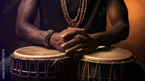 A man's hands and an ethnic percussion musical instrument jembe. Drummer playing african music photo