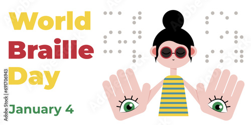 Awareness banner for World Braille Day with blind woman