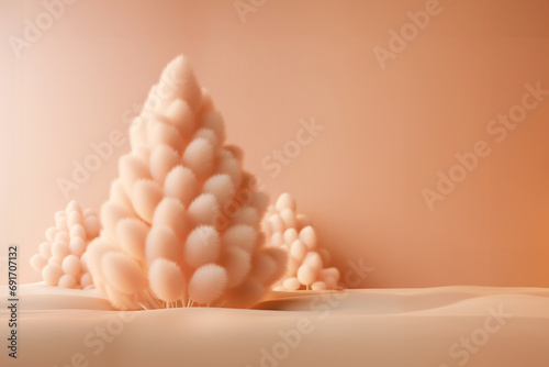 Photography of a soft Christmas tree. Peach color background, monochrome. Christmas tree. Colour of the year 2024.