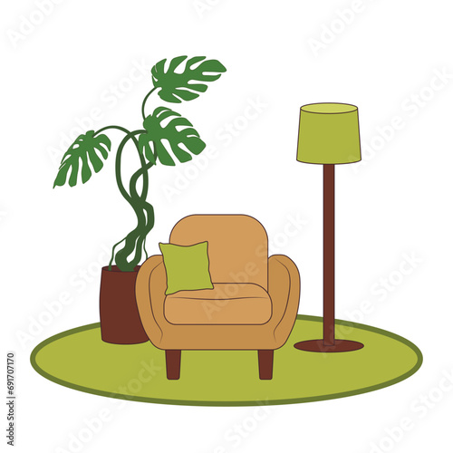 Beige armchair with floor lamp and houseplant on white background