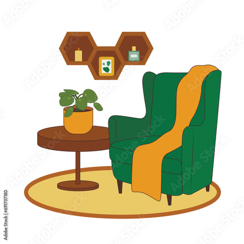 Green armchair with shelves, table and houseplant on white background