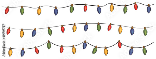 Christmas garland in trendy groovy retro cartoon style. Happy New year and Merry Christmas characters. 70s Vibes groovy garland.Vector Illustration.Christmas lights. 