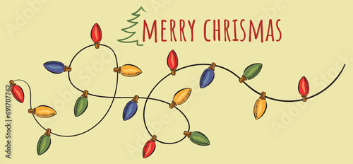 Christmas garland in trendy groovy retro cartoon style. Happy New year and Merry Christmas characters. 70s Vibes groovy garland.Vector Illustration.Christmas lights. 