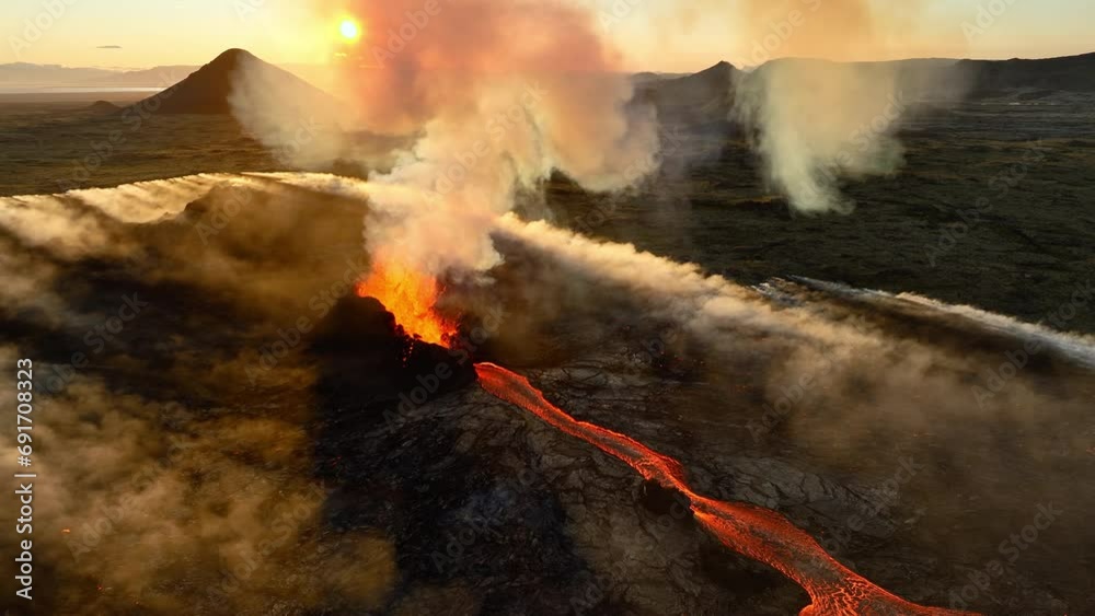 Volcano eruption, branching lava stream. Crater of active volcano. Eruption 2023, Iceland. Volcano eruption, branching lava stream. Crater of active volcano. Eruption 2023, Iceland.