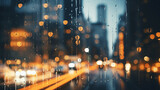 golden lights of a blurred night city, abstract city life background, wet city reflections glare and bokeh