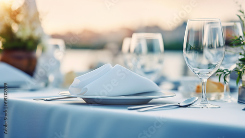 table setting in the restaurant interior light blue tones mediterranean style photo
