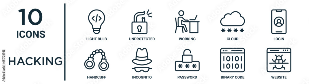 hacking linear icon set. includes thin line unprotected, working, login ...