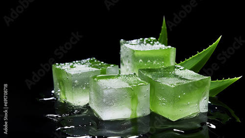 Translucent ice cubes mading from aloe vera gel with water droplets and tips of aloe vera leaves on black background. Natural skincare and beauty ingredients. Cooling and soothing agents for skin care