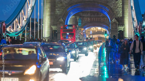 Traffic at Tower Bridge on a typical chilly and rainy evening, London, United Kingdom 