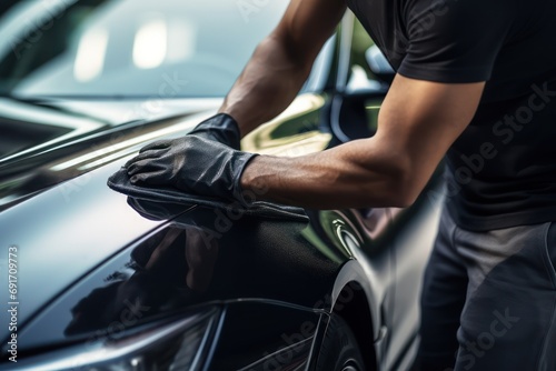 A man cleaning black car with microfiber cloth, car detailing (or valeting) concept.  © GalleryGlider