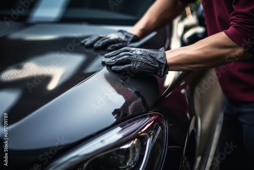 A man cleaning black car with microfiber cloth, car detailing (or valeting) concept. 