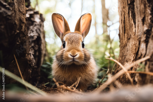 A curious wild rabbit peeking through foliage in the forest, with a close-up on its adorable face and big eyes.