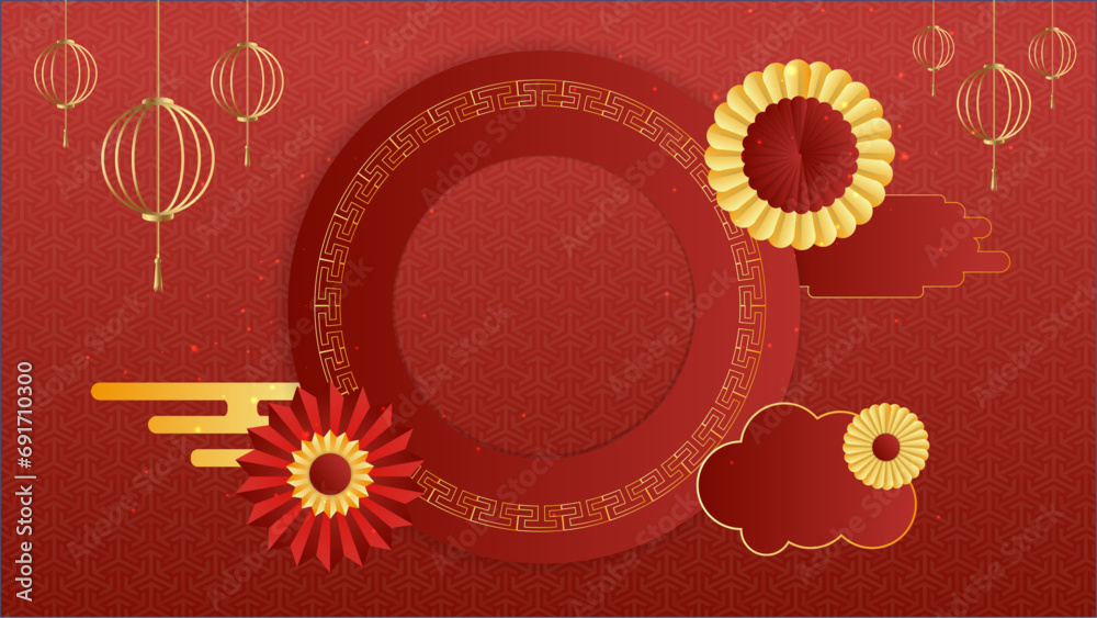 Red and gold vector traditional chinese background greeting with lanterns and cloud. Happy Chinese new year 2024 design. Vector illustration and banner concept Red and gold vector traditional chinese background greeting with lanterns and cloud. Happy Chinese new year 2024 design. Vector illustration and banner concept