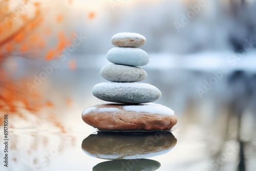 stack of pebbles or stones on winter outdoor background. Winter yoga 
