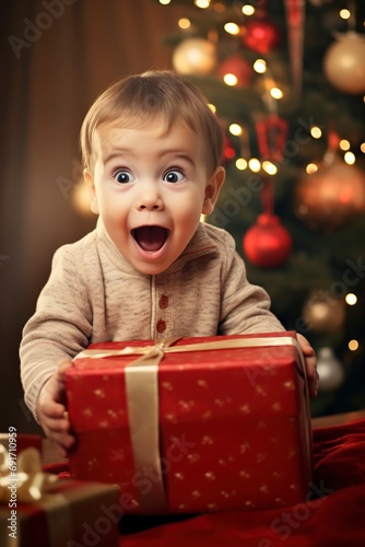 happy little boy full of joy with Christmas gifts