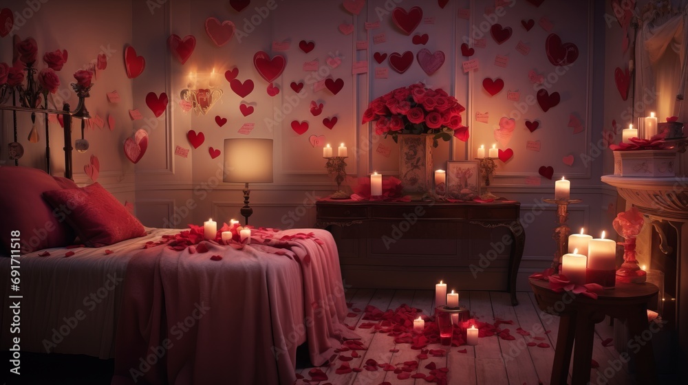 The inside of a softly lit bedroom adorned with roses, hearts, and tables in celebration of Valentines Day The inside of a softly lit bedroom adorned with roses, hearts, and tables in celebration of Valentines Day