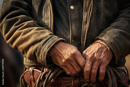 Close-Up of a Cowboy's Hands on the Reins 