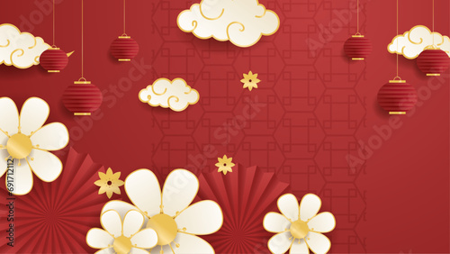 Red white and gold vector traditional chinese background greeting with lanterns and cloud. Trendy happy chinese new year 2024 design template.