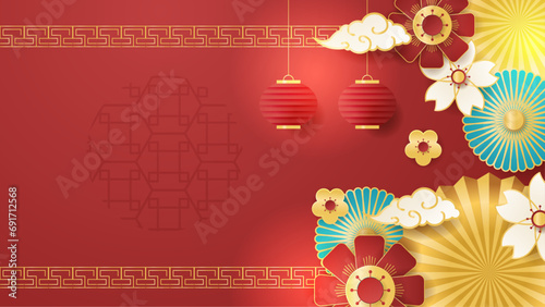 Red green and gold chinese style decorative background design luxury vector illustration. Trendy happy chinese new year 2024 design template.
