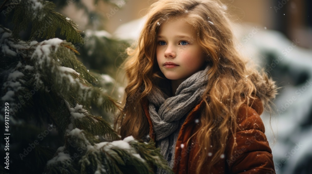 A Little Girl Standing in the Snow Next to a Tree A Little Girl Standing in the Snow Next to a Tree