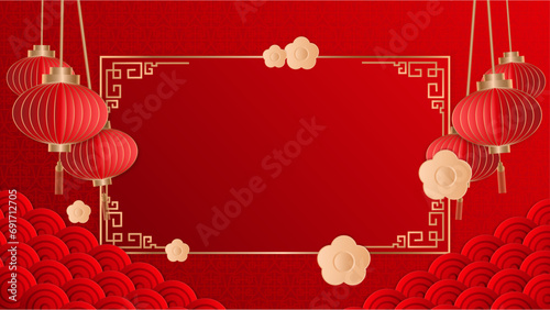 Red and gold vector modern chinese background design illustration. Happy Chinese new year background with clouds, lantern, gold asian elements on red background