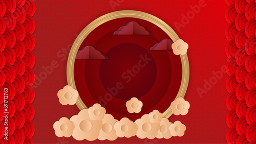 Red and gold vector gradient chinese new year background. Happy Chinese new year background with clouds, lantern, gold asian elements on red background