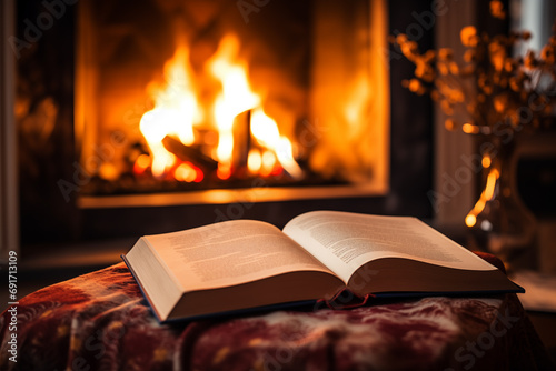 Open book near a burning fireplace in a cozy home, autumn vibe concept