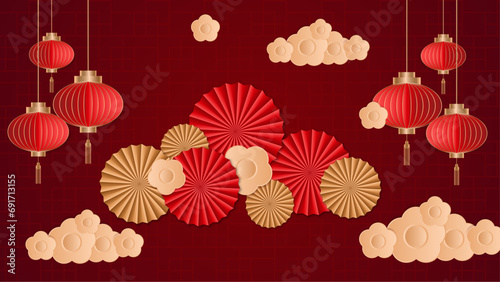 Red and gold vector modern chinese background design illustration. Happy Chinese new year background with clouds, lantern, gold asian elements on red background